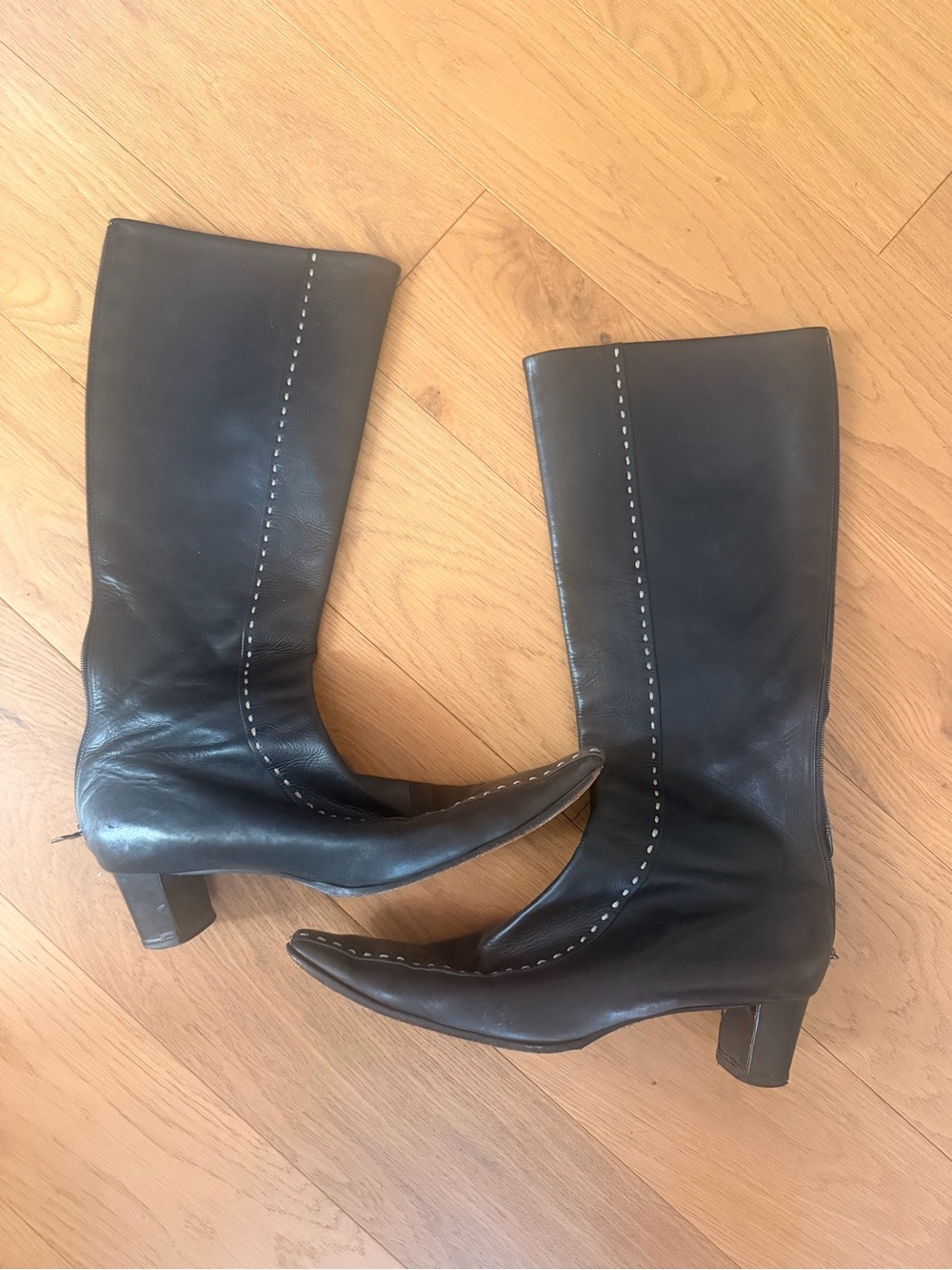 Prada Black Leather Mid-Calf Heeled Boots with Contrast Stitch